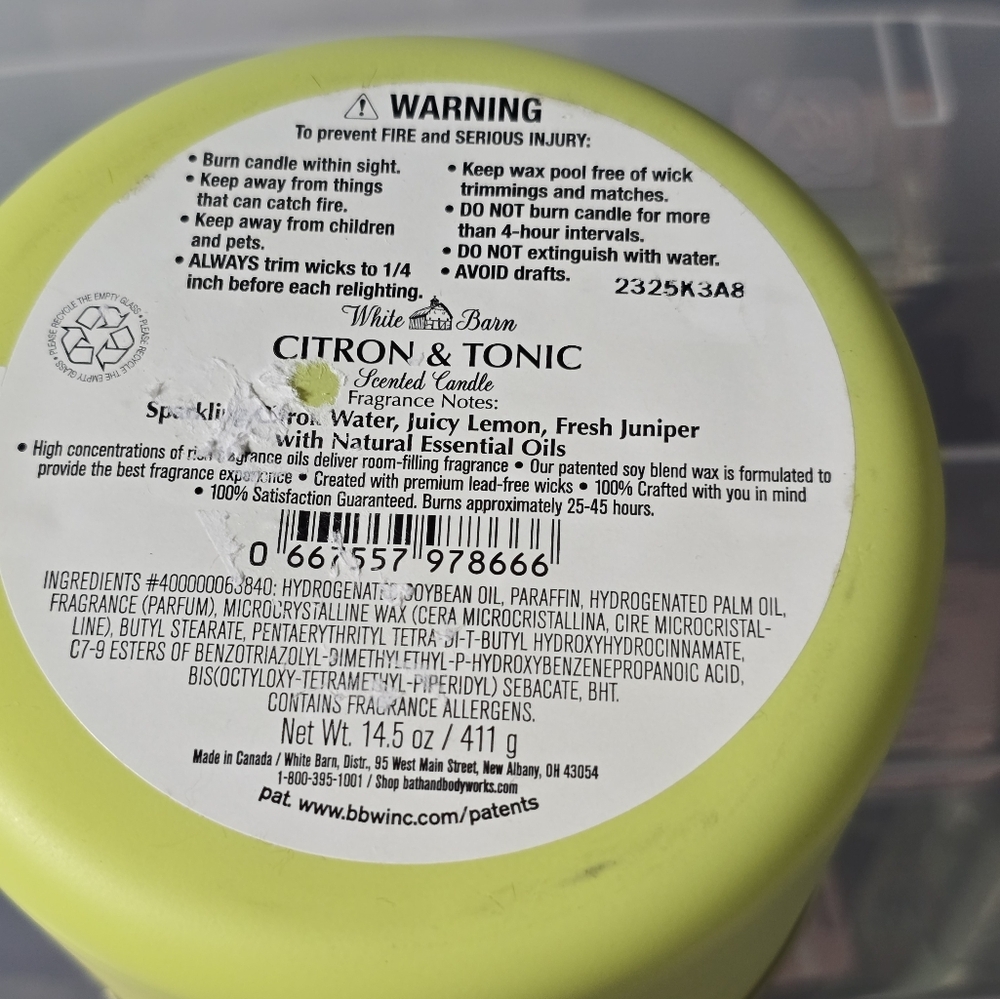 White barn bath & body works citronella & tonic 3 wick candle nwt - Picture 3 of 3